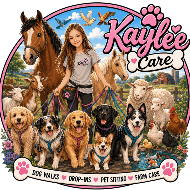 Kaylee Care logo: Kaylee on the farm with dogs, horses, goats, sheep, and chickens
